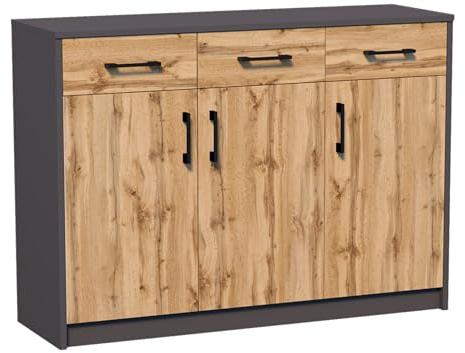 Home Collective Kommode mit 3 Schubladen und 3 Türen in matter Ausführung 110cm breit mit hochwertigen Polymergriffen Holz Schrank Kommode mit Schubladen Aus laminierter Platte gefertigt graphit Eiche