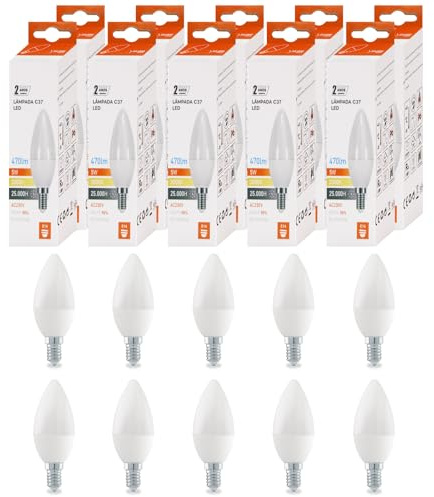 Maxled, Light is Led! 10er E14 LED Kerze Lampe 3000K Warmweiß C37 Energiesparlampe 5W GlühbirneErsetzt 40W Halogenlampe 470 Lumen LED Brine 200° Leuchtmittel Nicht Dimmbar AC 220-240V