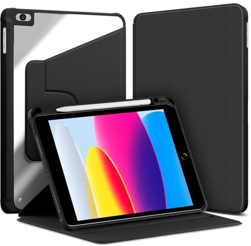 VAGHVEO Funda Giratoria para iPad 9,7 Pulgadas 2018/2017 (6ª/5ª Generación) / iPad Air 2/ Air 1 Cover con Portalápiz, Carcasa Protectora con Soporte Giratorio 360 Grados y Trasera Transparente, Negro