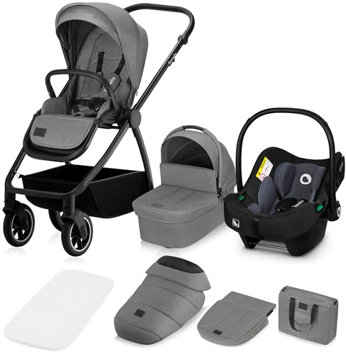LIONELO MERIL 3 en 1 Cochecito de Bebé Multiusos 0-48 Meses Hasta 22 kg, Capazo hasta 9 kg, Silla de Coche Hasta 13 kg, Ruedas Todoterreno 360°, Suepensión Total, Capota XXL UPF50+ (Grey)