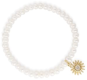 PERORNO Pulsera de Perlas Cultivadas con colgante de Sol Dorado y Circonitas, Blancas y brillantes