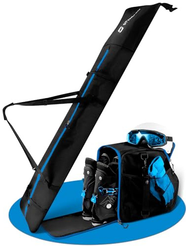 STYNGARD Skitasche Set Skisack [120 cm bis 160 cm] und Skischuhtasche mit Helmfach [40 L] - Skitasche und Stiefeltasche mit Lüftungsgitter - Modell St. Moritz (Schwarz-Blau)
