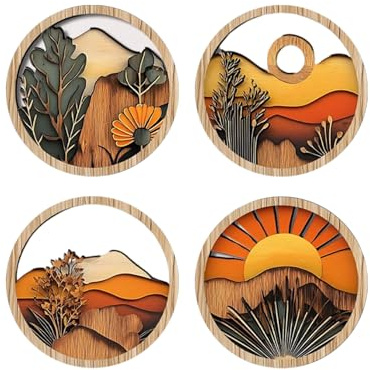 Cuadros Boho Decoración Para Pared, Decoración Moderna Bohemia Para Pared, 4 Marcos Redondos De Madera 20x20cm Arte Geométrico Para Entrada Pasillo Repisa Ventana Chimenea Porche Y Terraza