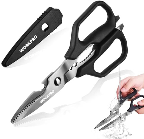 WORKPRO Kitchen Scissors, All Purpose Kitchen Shears with Detachable Stainless Steel Blades, Titanium Coated for Easy Cleaning, Heavy Duty for Meat, Fish, Nuts, Vegetables, Protective Cover Included