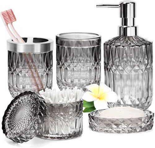 5PCS Glass Bathroom Accessories Sets, Vintage Gift, Includes Soap Dispenser, Soap Dish, Toothbrush Holder, Tumbler and Jar, Stylish Modern Bathroom Decor (Gradient transparent & black)