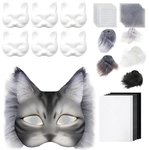 Salyeeluly Therians Masken Kit | Therians Masken Basteln Set mit Blanko Katzenmaske, Kuns Fell und Filztuch | Furry Tiermasken Katzenmasken für Halloween, Karneval und Make up Cosplay Party