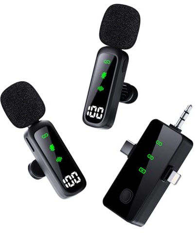 Bayanbulu Drahtloses Lavalier-Mikrofon für iPhone, iPad, Android, Kamera, PC – 3-in-1 Profi-Mini-Mikrofon mit LED-Anzeige & Rauschunterdrückung, AI Mikrofon für YouTube, TikTok, Vlog(2er-Pack)