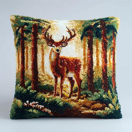 WallustrioaW Waldtiere Knüpfkissen-Set,Hirsch Elch,für Kinder oder Anfänger Erwachsene zum Selber Knüpfen,DIY Knüpfteppich Knüpfpackung,Knüpfhaken Set,43x43cm