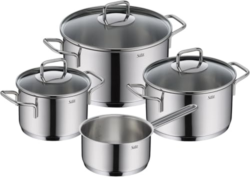 Silit Extra Cook Kochgeschirr-Set 4-teilig, Kochtöpfe 16/20/24 cm mit Glasdeckel, Stielkasserolle 16 cm, Innenskalierung, breiter Schüttrand, spülmaschinengeeignet, Crominox-Edelstahl Topfset