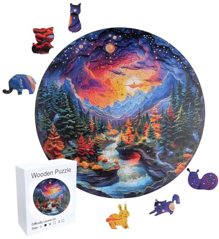 wocpvm Puzzle in Legno per Adulti - Paesaggio Fantastico con Montagna, Foresta, Fiume e Cielo Stellato - Pezzi Unici dalla Forma Irregolare - Confezione Regalo Elegante (29 x 29 cm）
