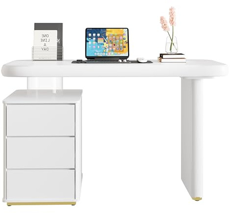 MUZHIXIANG Bureau avec tiroirs - Table de travail stable pour bureau et bureau à domicile - Surface entièrement laquée - Structure en MDF robuste et design ergonomique avec espace de rangement - Blanc