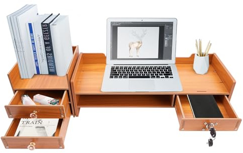 GXSFLG Monitorständer Holz, Bambus Monitorständer mit 3 Schubladen, Bildschirmständer, Schreibtisch Organizer, für PC, Laptop, Drucker, Faxgerät und TV im Büro oder Homeoffice