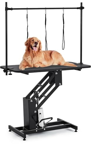 Hydraulic Dog Grooming Table 110 x 60 cm Adjustable Height 56–98 cm | Heavy-Duty Pet Grooming Table for Large Dogs up to 350 lb | Non-Slip Waterproof Surface, 3 Leashes,