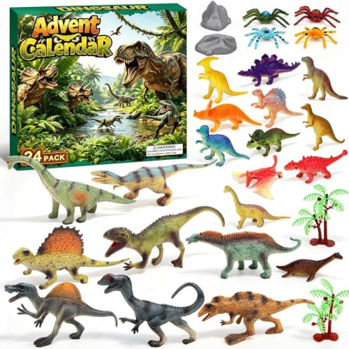 Dinosaurie adventskalender 2026 barn, 24 delar dino lekset med T-Rex, triceratops, vulkan, spindel, jul nedräkningskalender, present för pojkar flickor från 3 år