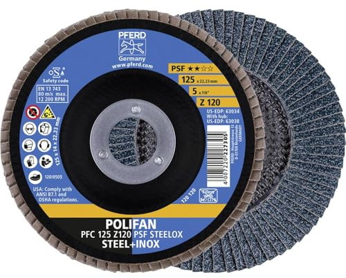 PFERD TOOLS Fächerscheibe POLIFAN 10 Stück | Ø 125 mm, Z 120, konisch, PSF STEELOX | 67769125 für Stahl und Edelstahl (INOX)