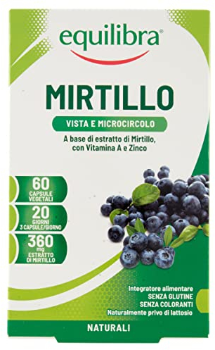 equilibra Integratori Alimentari, Mirtillo, Integratore per la Normale Capacità Visiva e la Funzionalità del Microcircolo, con Estratto di Mirtillo, Vitamina A e Zinco, 60 Capsule Vegetali