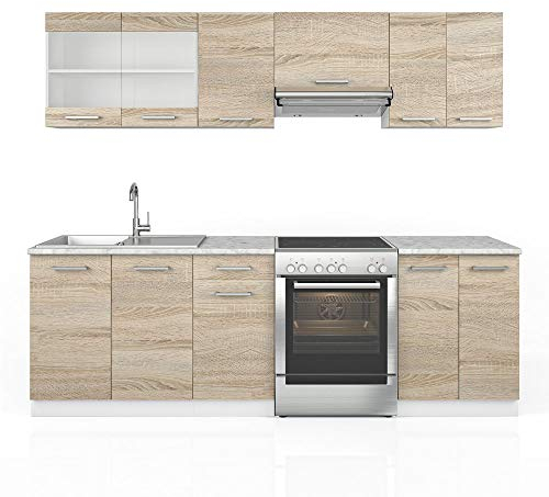 Vicco Küchenzeile Raul, Küchenblock, Sonoma/Weiß, 240 cm, AP Marmor