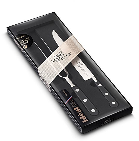 SABATIER - Meat Carving Set with 1 Slicing Knife and 1 Carving Fork, 100% forged, stainless steel blades, black POM handles