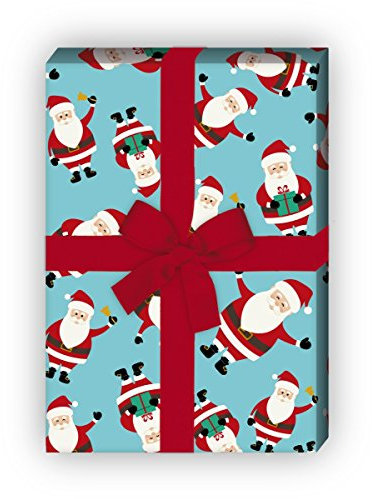 Kartenkaufrausch Süßes Weihnachtspapier, Geschenkpapier Set zu Weihnachten mit lustigen Weihnachtsmännern, hellblau türkis, für liebe Geschenkverpackung, DIY Projekte, Basteln, 4 Bogen, 32 x 48cm