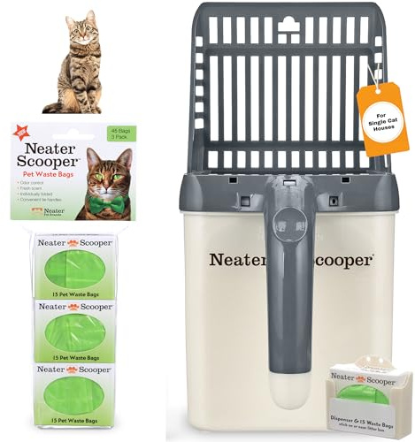 Neater Pet Brands Neater Scooper Standard Litter Scoop, 60 Refill Bags – Mess-Free Cat Litter Scooper with Bag, Spill-Proof Kitty Box Sifter, Bin Doubles as Scoop Holder, for Single-Cat Households