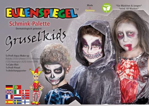 Eulenspiegel 206348 - Schmink-Palette Gruselkids, 6 x 3,5 ml Farbe, 1 Pinsel, 1 Anleitung, Schminkfarben | Mit Pinsel & Anleitung, Schminkfarben für ca. 60 Masken, für Karneval & Halloween