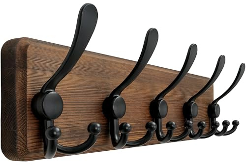 Dseap Coat Rack Wall Mount - Patented, Heavy-Duty, Rustic Wooden Wall Coat Hanger Hook Rail with 5 Triple Hooks for Winter Coats Hat Jacket Clothing, Natural & Black