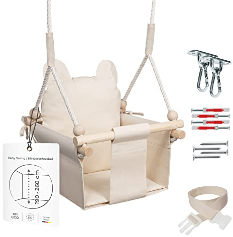 MAMOI® Columpio Bebe + Cinturón de Seguridad | 190-260cm Ajuste de la Altura del Techo | Columpios Infantiles Exterior Interior | Columpio niños | Columpio Madera | Columpio de Jardin | CE | 100% Eco