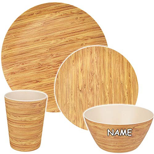 alles-meine.de GmbH 4 TLG. Geschirr Set - Kunststoff - 2 Teller + Schüssel + Trinkbecher - Holz Design - inkl. Name - BPA frei - rund Kunststoffteller/Kunststoffschale - mehrwe..