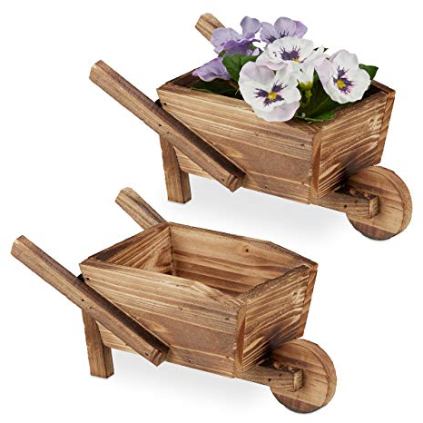 Relaxdays Carriola Porta Fiori, Set Doppio, Legno Effetto Bruciato, Decorazione Giardino Vintage, Giardinaggio, Naturale