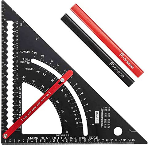 Pronese Adjustable Roofing Square 12-Inch, Aluminum Alloy Rafter Square, Metric & Imperial Carpenter Square Set, Precision Speed Square Carpenter Pencils Woodworking Tool Set​