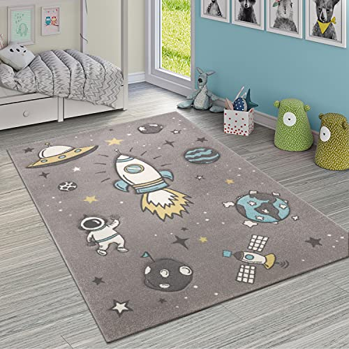 Paco Home Kinderteppich Jungen Mädchen Grau Kinderzimmer Kurflor Weltall Astronaut, Grösse:133 cm Quadrat