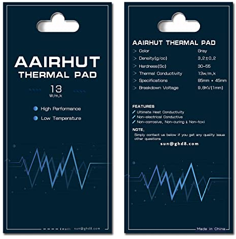 Aairhut Thermal Pads 13W/mK, 85 x 45 x 2mm Silicone Cooling Heatsink Thermal Pad GPU Non Conductive Heat Resistance Extreme Odyssey Cover with Dual Self-Adhesive Films for PC, PS4, SSD M.2 & More