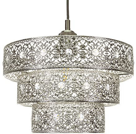 Traditional Polished Silver Acrylic Gem Moroccan Style Triple Tier Ornate Pendant Light Shade with Transparent Sparkly Beads | 60w Maximum | 30cm Diameter by Happy Homewares