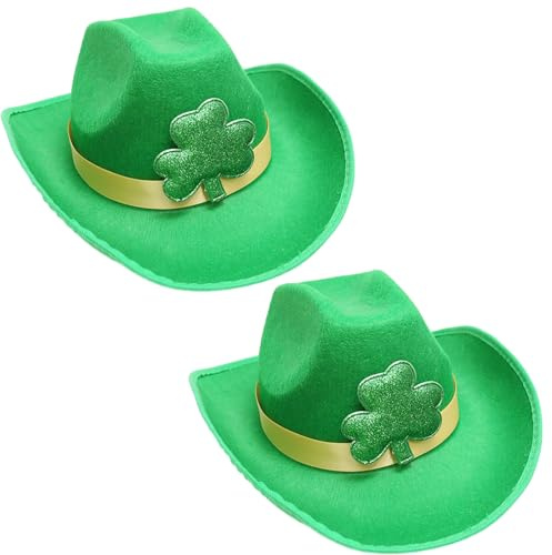 Qpout 2PCS Chapeau vert de la Saint-Patrick, Chapeau de lutin pour Enfants Adultes, Chapeau de trèfle, Chapeau de cow-boy de la Saint-Patrick, Chapeaux irlandais de grande taille pour la Saint-Patrick