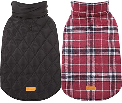 Kuoser Hundemantel Winter für Mittelgroße und Große Hunde - Fleece Wasserdicht Warm Outdoor Jacke mit Geschirr Loch - Karierte Wendejacke, L