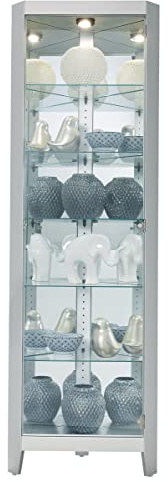 Howard Miller Tamsin II Corner Curio Cabinet – Modern Silver Glass Door Display with Adjustable Shelves Curio Cabinet for Collectibles No Reach Interior Light Best for Home Decor