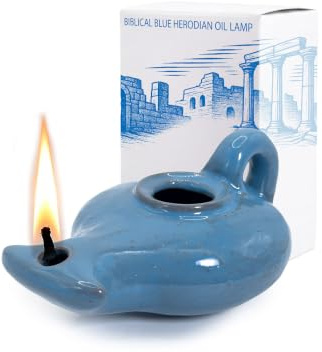 Herodian Blue Glazed Oil Lamp with Handle – Authentic Biblical Clay Candle Holder Replica from The Holy Land - Handmade Judaica & Christian Faith Gift with Certificate of Authenticity