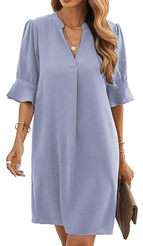 Famulily Ladies Summer Dress 2023 Short Sleeve Pleated Swing Casual Dress Knee Length Sky Blue L