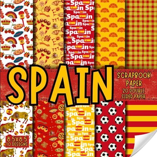 Spain scrapbook paper, 8.5x8.5, 10 Designs, 20 Double-Sided Sheets: Decorative Travel them Paper For Scrapbooking, craft Paper for Junk Journals, , Decoupage, & Mixed Media, Origami, Collage & Card Making
