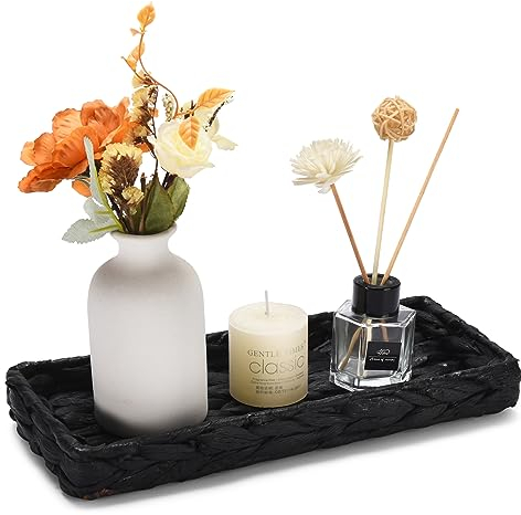 QSIDE Dekotablett rechteckig geflochten - Schwarz - 30 x 13 x 3,5 cm - Nachhaltig aus Kürbisgras - Dekoschale - Baddeko - Schlüsselschale - Boho Deko - Flechtkorb - Aufbewahrungskorb (Schwarz)