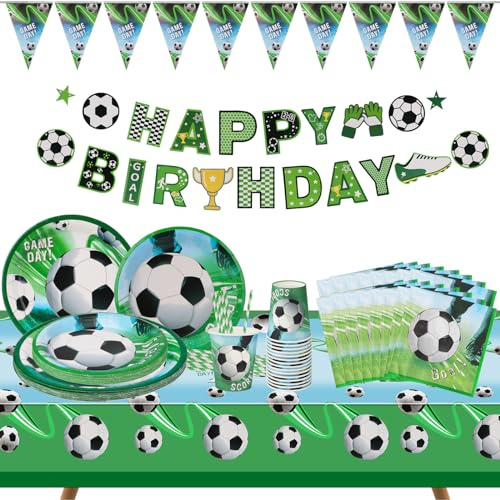 Sitayakuma Dekoration für Fußball-Party, Zubehör für Geburtstagsparty mit Fußballthema für 16 Gäste, sortierte Pakete für Fußball-Partys mit Teller, Tassen, Stroh, Servietten, Tischdecke und Banner