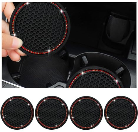 Dickno 4-Pack Bling Car Coaster, 2.75 Inch Crystal Rhinestone Auto Cup Holder Insert, Anti-Slip Durable Car Drink Mat, Universal Vehicle Interior Decor Accessories (Black & Red)