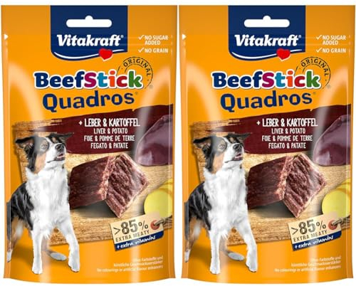 Vitakraft Beef Stick Quadros, Hundeleckerlie, extra fleischig, mit Leber und Kartoffel, zum Belohnen und Verwöhnen (1x 70g) (Packung mit 2)