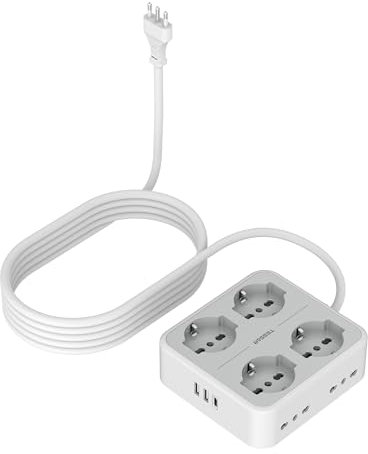 TESSAN Ciabatta Multipresa con USB C, Multipresa Elettrica con 4 Spina Schuko e 4 Bivalenti 10A/16A, 3680W Adattatore Presa Multipla con Interruttore e Prolunga Elettrica 5 Metri, per Casa, Ufficio