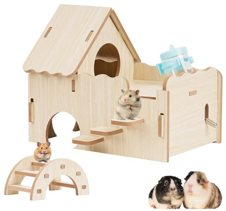 MUALROUS Cochon d’Inde Hideout Château en Bois Hidey avec Hamster Bol d’Eau Pont en Arc en Bois Hamster Maison en Bois d’activité Aire de Jeux pour Rat Souris Gerbille naine