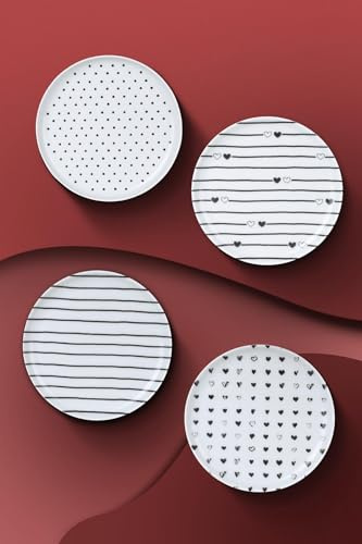 Kütahya Porselen Pretty – Set di 4 Piattini in Porcellana da 15 cm – Design a Cuori e Linee – Dessert, Snack, Antipasti – Lavabili in Lavastoviglie