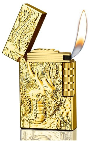 Dragon Lighters - Side Wheel Frosted, Refillable Butane, Soft Flame, Flip Top, Gold Finish - Outdoor & Camping, Men's Gifts