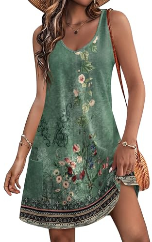 Hotouch Estivo Abito Donna Senza Maniche Scollo a V Comodo Vestito con Tasche Casual Spiaggia Abiti da Sole al Ginocchio Eleganti Mare Stampa Verde S