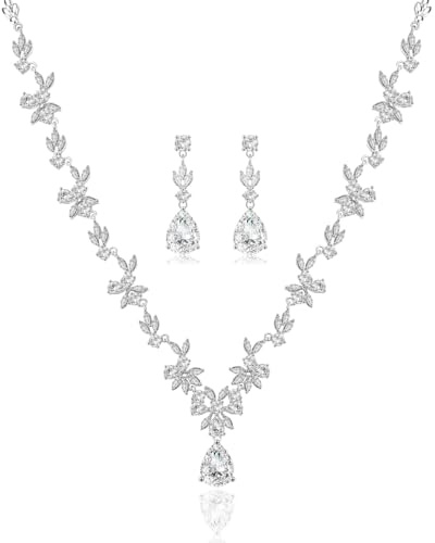 wynn's Wedding Jewellery Set for Women, Silver Necklace Dangle Earrings Set, White Gold Bridal Bridesmaid Wedding Jewellery Set with White AAAAA Cubic Zirconia, Womens Jewellery Set Birthday Christmas