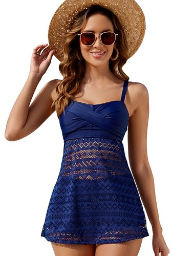 BEACHKINI Tankini,Tvådelad Baddräkt,Sportbaddräkt,Dubbel Axelväst Med Kjol Och Shorts för Kvinnor,Blå,EU44